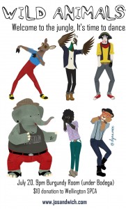 a poster showing animals dressed as hipsters dancing like Thom Yorke