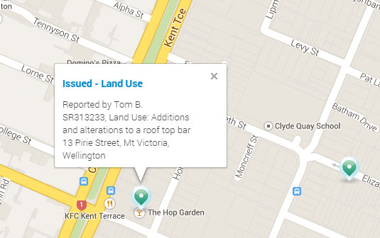 Map showing Land Use consents for a rooftop bar