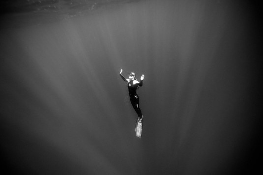 Conservationist and dive safety officer Ocean Ramsey surfaces while free diving off the coast of Haleiwa. Photographer: Donald Miralle