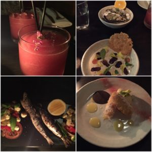 Five & Dime WOAP dishes. Clockwise from top left: Wellington slushie, almond gazpacho and truffled white miso oysters, pineapple fritter, grilled sardine puttanesca.