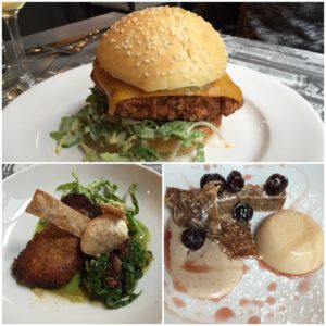 Ti Kouka's WOAP dishes. Clockwise from top: TKFC burger, Cherry Bomb pannacotta, pulled confit chicken.
