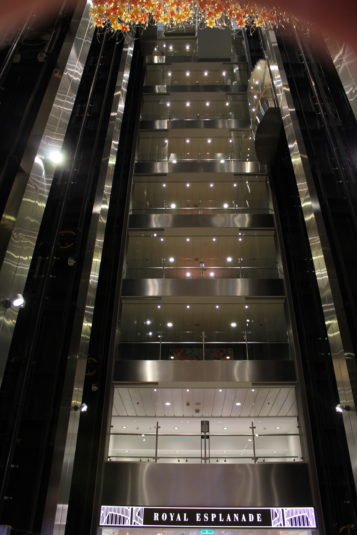 Half a dozen glass elevators transport guests and crew between the 18 different levels.