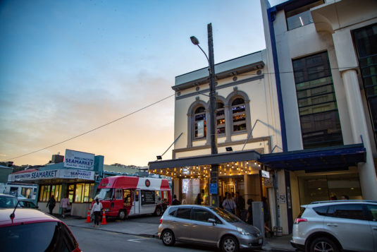 Outside of Black Dog on Cuba Street, showing the Beat Kitchen foodtruck parked next door