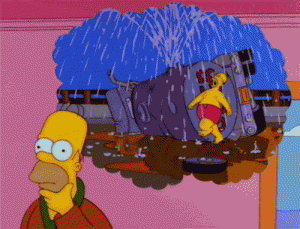 Homer Simpson dreaming of himself prancing around a tanker spouting beer like a fountain