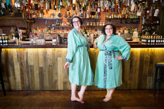 two fat babes in mint green plus size robes made of linen