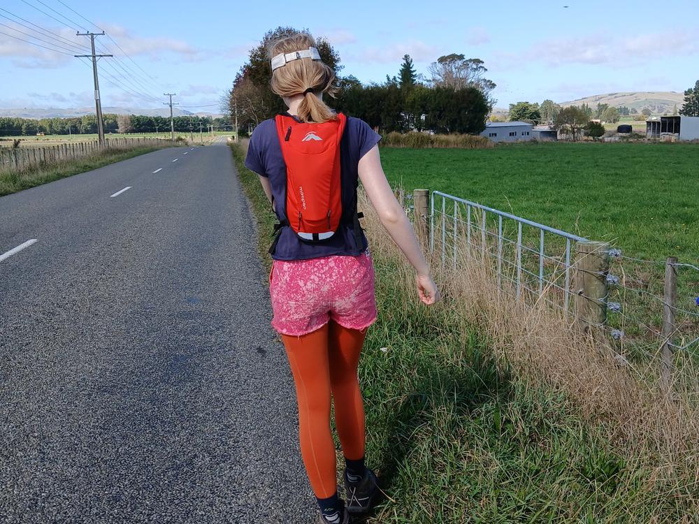 a photo of Mindy from behind, walking along a road. She's wearing bright orange tights and pink shorts