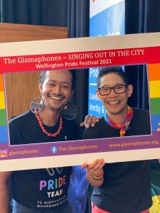 A friend and Steven S in a rainbow Glamaphones photo frame at last year's Out in the City